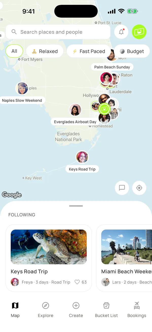 Happiness app — the map of South Florida with trips from travelers you follow