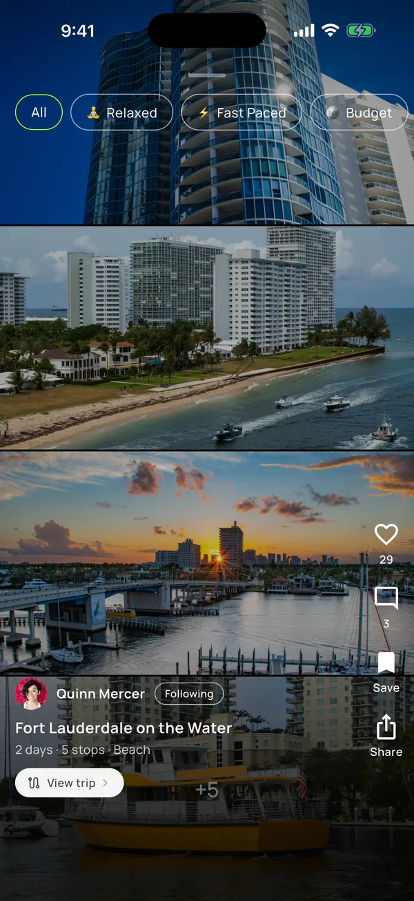 Happiness app — swiping through trips from travelers you follow