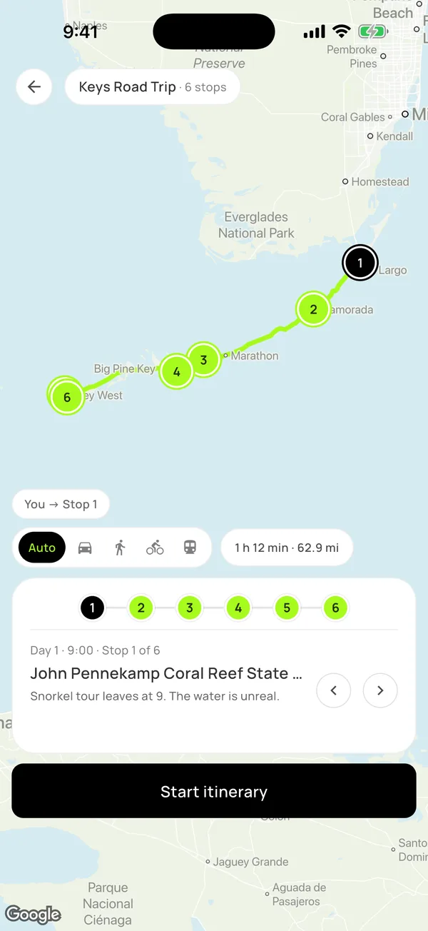 Happiness app — the Keys Road Trip route stop by stop